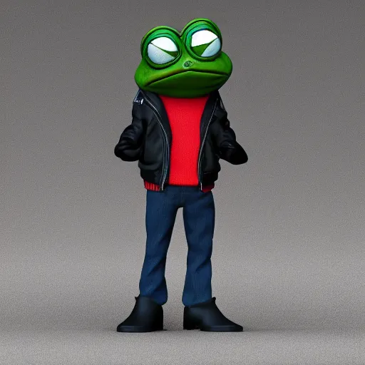 Image similar to perfectly accurate miniature figure of pepe the frog wearing jeans and a black leather jacket, soft textures, skin texture, clothing, 3d sculpture, textured, fine detail, lifelike, photo, high resolution, octane render, post processing, after effects, trending on artstation