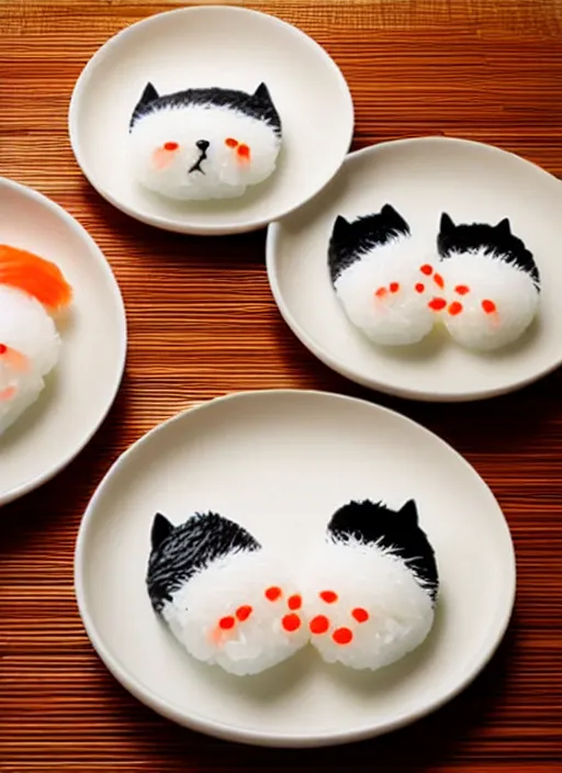 Image similar to clear photorealistic picture of simple cute cats made from sushi rice, arranged on sushi plates with garnish