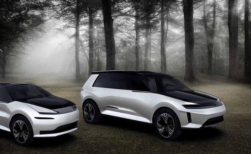 Image similar to the electric suv honma will release soon, outdoor product photography on a golf course, fog, very besautiful ambient light, sun rays