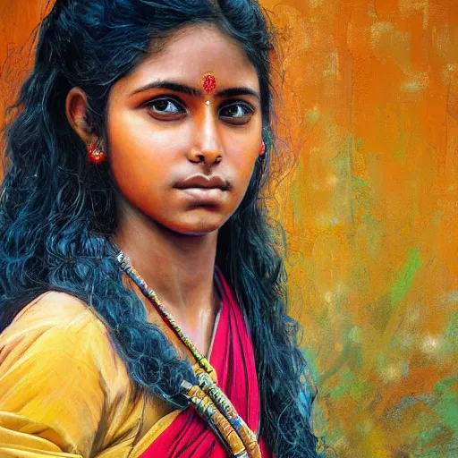 Prompt: stunning, breathtaking, awe - inspiring award - winning concept art portrait painting by steve mccurry of a beautiful young hindu woman warrior with short, wavy hair, wearing a colorful sari