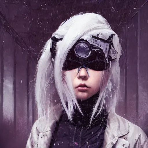 Image similar to very cool girl white hair girl with mask, streetwear, techwear, cyberpunk style outfit, full body, nose piercing, detailed portrait, intricate complexity, by greg rutkowski, artgerm, ross tran, conrad roset, takato yomamoto, ilya kuvshinov. 4 k, beautiful, cinematic dramatic atmosphere