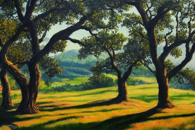 Prompt: masterpiece painting of oak trees on a hillside overlooking a creek, dramatic lighting, by paul o. zelinsky