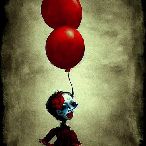 Prompt: grunge painting of yourself with a wide smile and a red balloon by chris leib, loony toons style, pennywise style, corpse bride style, horror theme, detailed, elegant, intricate