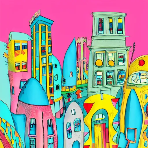 Image similar to fanciful city filled with curvy buildings, by dr seuss, oh the places you'll go, arches, platforms, towers, bridges, stairs, colorful kids book illustration