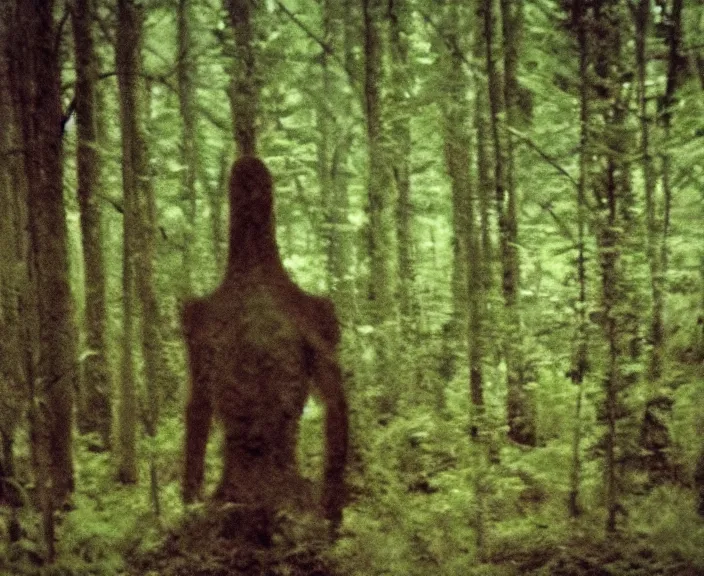 Image similar to grainy found footage of a creature in a forest, grainy, creature in view, scary, color