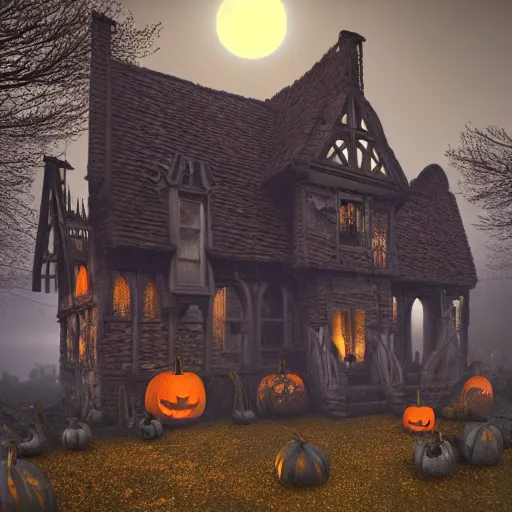 Prompt: a highly detailed old english tudor cottage in a scary pumpkin patch and graveyard at night with a large moon, volumetric haze, fall colors, night, dead tree forest, pumpkins, moon, photorealistic, insanely detailed and intricate, epic scene, volumetric haze, hyper realistic, elegant, ornate, elite, horror, creepy, ominous, haunting, cinematic lighting, unreal engine, symmetrical, cinematic centered camera, high detail