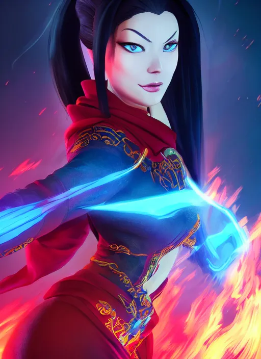 Image similar to azula from avatar the last airbender posing, blue flames, firebending, dark atmosphere, cinematic shot, intricate, ornate, photorealistic, ultra detailed, realistic, 1 0 0 mm, photography, octane, high definition, depth of field, realism, 8 k, artstation