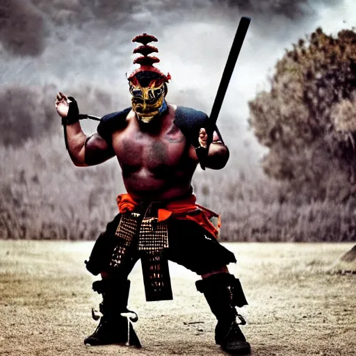 Image similar to big buff strong very buff samurai wearing an oni mask, movie still