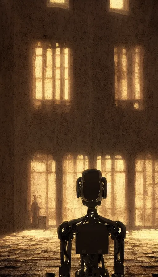 Prompt: portrait of broken humanoid metal robot praying in empty church, sunshine through window, bladerunner, cold color scheme, digital illustration, artstation, cinematic composition, detailed textures