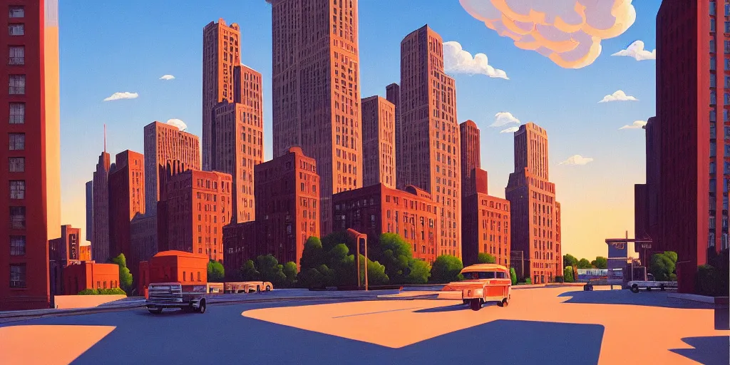 Image similar to vintage chicago, blue sky, summer evening, kenton nelson