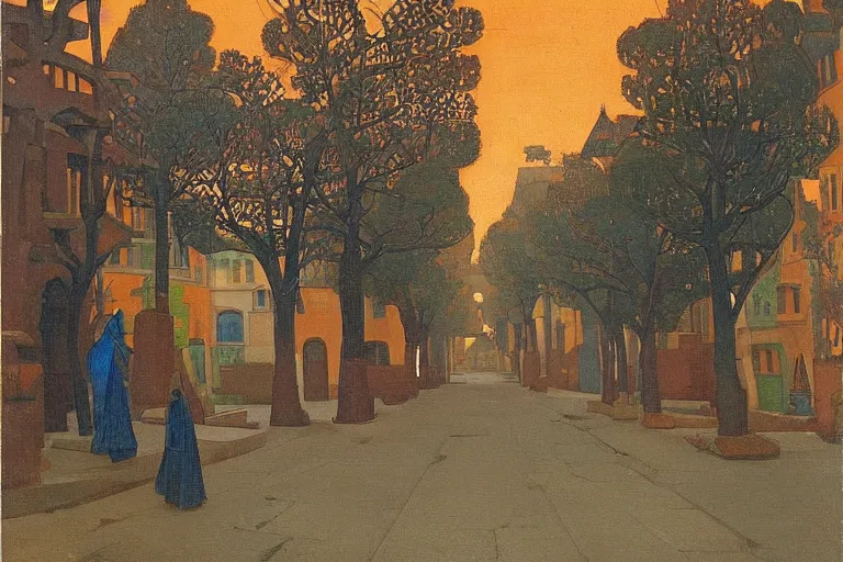 Prompt: tree-lined street at midnight in a very old very beautiful city by Nicholas Roerich and Rudolf Ernst, colorful tiled architecture, strong dramatic cinematic lighting, lost civilizations, smooth, sharp focus, extremely detailed