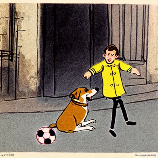 Image similar to book illustration of a french boy on the streets of paris playing football against a corgi, the dog is wearing a polka dot scarf, 1 9 6 6