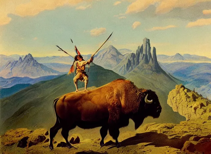 Image similar to native american riding bison, buffalo, native american warrior, mountain range, beautiful sky, standing on the edge of a cliff, 1 9 th century, painted by frazetta