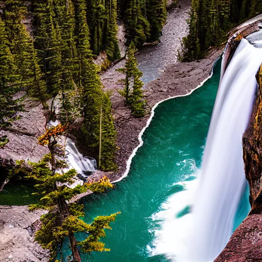 Image similar to a kayak descends Takakkaw Falls waterfall in Yoho National Park, photography in the style of National Geographic