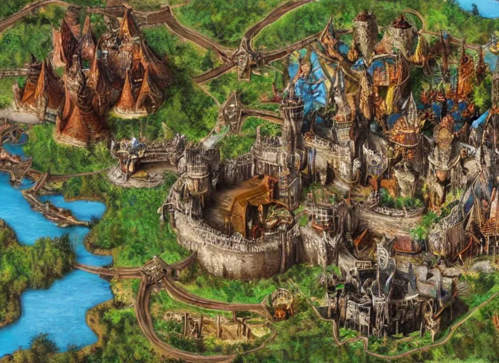 Image similar to close overhead view of a medieval fantasy theme park with knights and dragons,