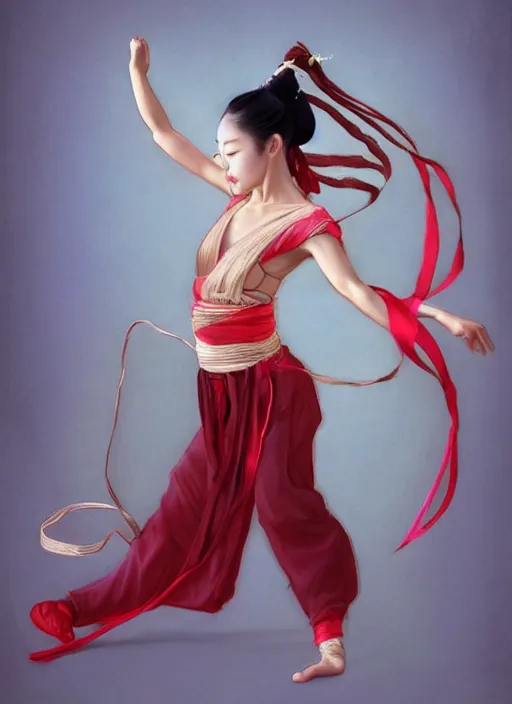 Image similar to full body portrait of a dancer throwing silk belts, feet, barefoot, full body, tanned, vivacious, athletic, hanfu, chinese ribbon dance, wide ribbons, silk belt, wuxia, martial arts, ming dynasty, detailed, realistic face, anatomically accurate, fantasy illustration, deviantart, artstation, ghostblade, wlop.