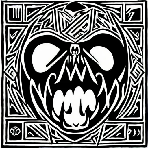 Image similar to Arcane symbol for the chaotic evil earth god of devouring hunger. Death. An open monstrous mouth. Black and white. Medieval woodcut style.