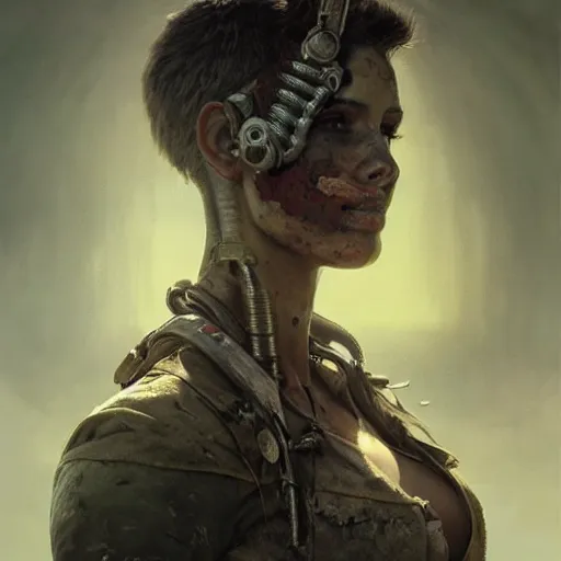 Image similar to portrait painting of a post apocalyptic human, ultra realistic, concept art, intricate details, eerie, highly detailed, fallout, wasteland, photorealistic, octane render, 8 k, unreal engine 5. art by artgerm and greg rutkowski and alphonse mucha