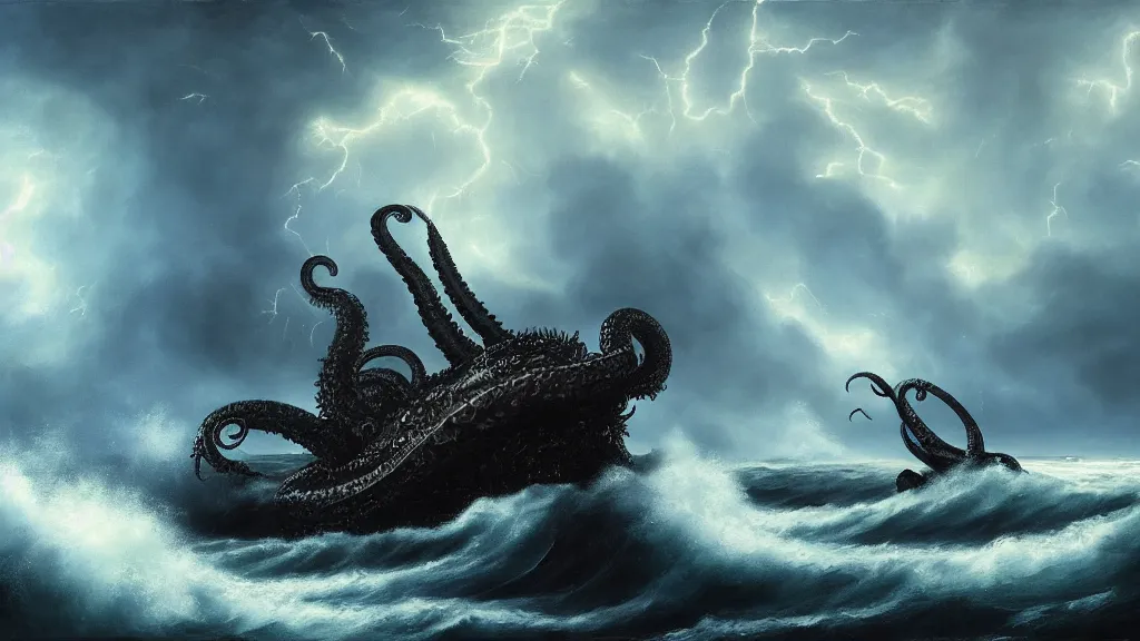 Prompt: a fantasy book landscape, massive giant black kraken in a stormy sea with a small boat, giant waves, lightning in the background, soft beautiful light, oil painting, 4 k