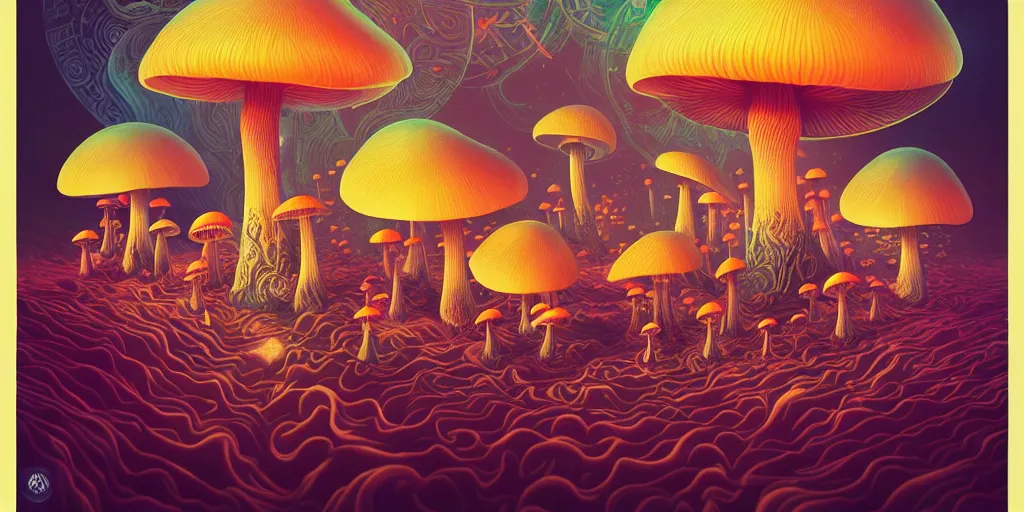 Prompt: Energetic circus mushroom band portrait, Art Deco nature, fantasy, intricate art deco mushroom designs, elegant, highly detailed fractals, sharp focus, drums, guitar, bass, keyboard, art by Artgerm and beeple and Greg Rutkowski and WLOP
