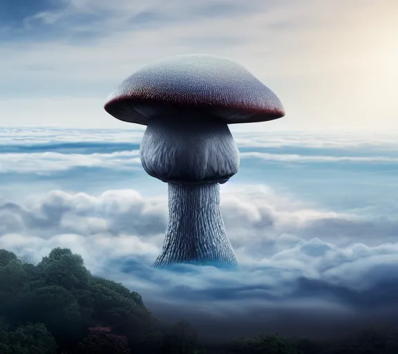 Image similar to a giant mushroom that stretches above the clouds with buildings inside the cap. highly detailed 8 k. intricate. lifelike. soft light. nikon d 8 5 0. cinematic post - processing