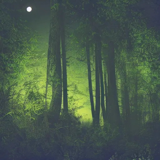 Image similar to shady forest at midnight, moonglow, moon rays, rocks, small creek, fireflies.