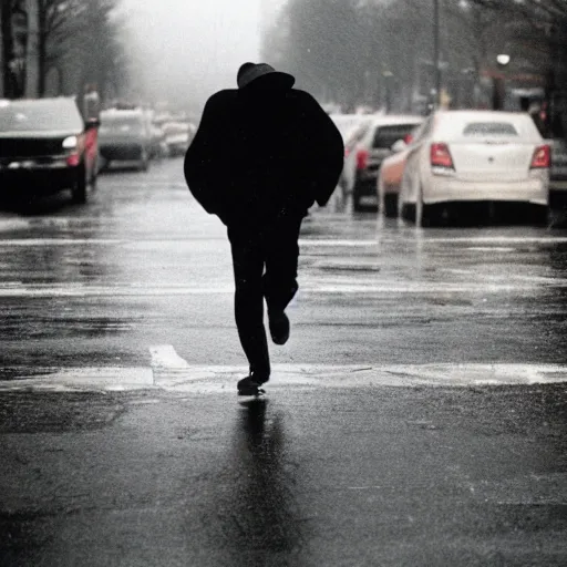 Prompt: a photograph of a man running down the street wearing a hat on a rainy day on expired kodak film, 3 5 mm