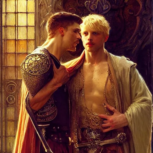 Image similar to stunning arthur pendragon in love with stunning male merlin the mage. they are close to each other. highly detailed painting by gaston bussiere, craig mullins, j. c. leyendecker