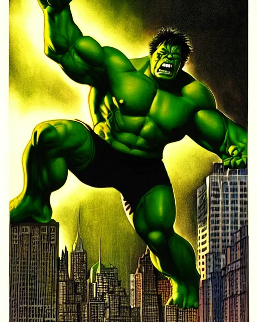 Image similar to a portrait of the incredible hulk looking angry in new york city by joe jusko. dramatic lighting.