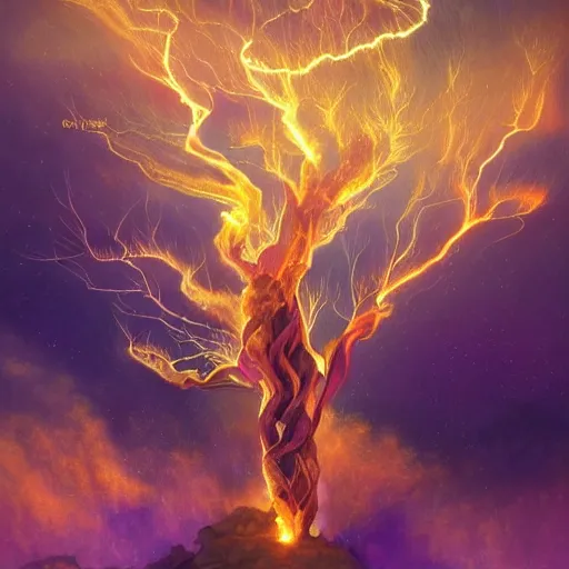 Prompt: A photo of the burning bush, fire from sky, blue lightnings, dramatic purple thunders, golden meteors, dramatic shadows, powerful photo, magic, dramatic lighting, intricate, wild, highly detailed, digital painting, artstation, concept art, smooth, sharp focus, illustration, art by artgerm and greg rutkowski and alphonse mucha, footage