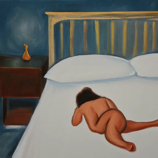 Prompt: painting about feeling alone in bed