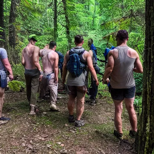 Image similar to A group of friends were hiking through the woods when they came across an ancient temple. They are surrounded by a group of armed men.