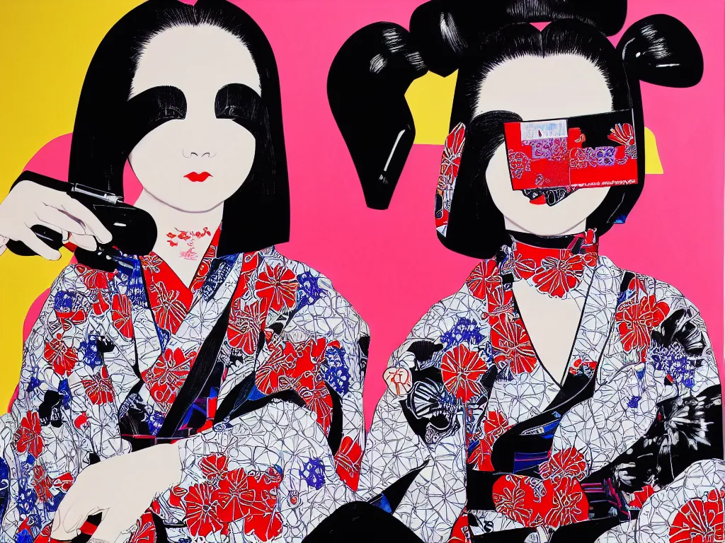 Image similar to hyperrealism composition of the detailed woman in a japanese kimono sitting at an extremely detailed poker table with darth vader, fireworks and folding screen on the background, pop - art style, jacky tsai style, andy warhol style, acrylic on canvas