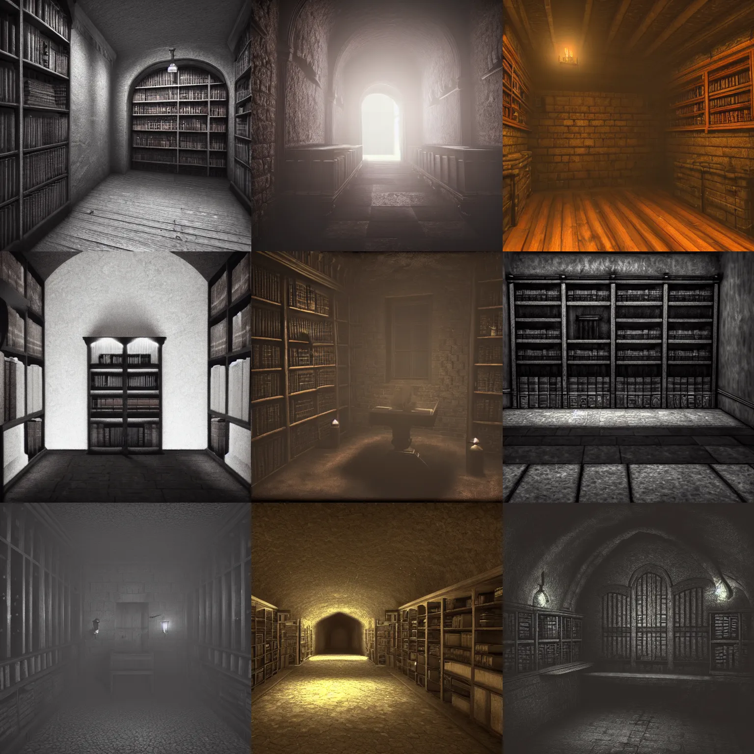 Prompt: dark crypt room with bookshelves, gloomy, midnight, shadow, unreal engine, ambrotype