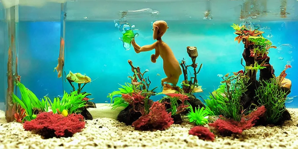 Image similar to fish tank in waiting room. siamese fighting fish. plasticine model in water. figures clay. tilt shift. clay figure. surreal. tropical fish tank with sand. strange. weird. astrix and obelisk. bubbles form pump. tintin. hands. tank. wallace and gromit. aquatic photography. photorealistic. waiting room