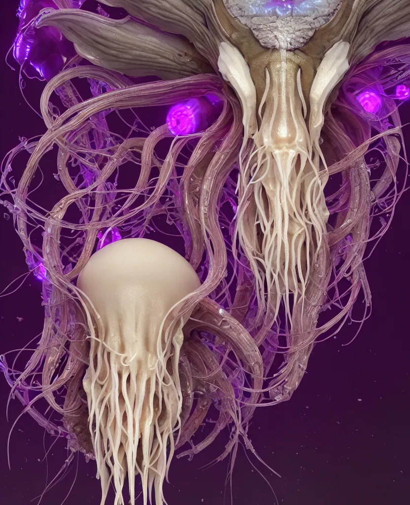 Image similar to goddess close-up portrait ram skull. jellyfish phoenix head, nautilus, orchid, ram skull, betta fish, bioluminiscent creatures, intricate artwork by Tooth Wu and wlop and beeple. octane render, trending on artstation, greg rutkowski very coherent symmetrical artwork. cinematic, hyper realism, high detail, octane render, 8k