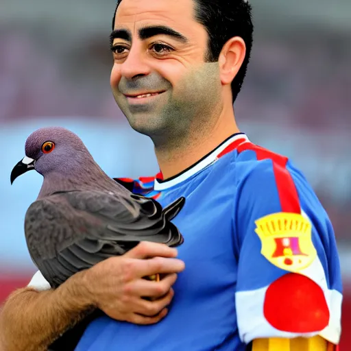 Image similar to High quality front photo of Xavi Hernandez holding a pigeon in his arms