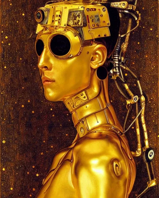 Prompt: Golden Portrait of a Robot from queen by Gustav Klimt, cyberpunk noir, baroque elements, intricate artwork by caravaggio, aesthetic, intricate, highly detailed, masterpiece