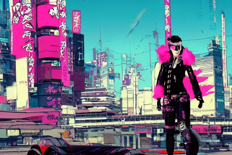 Prompt: punk leather samurai with pink hair. tokyo can be seen in the distance. art in the style of vincent di fate's cyberpunk 2 0 2 0.