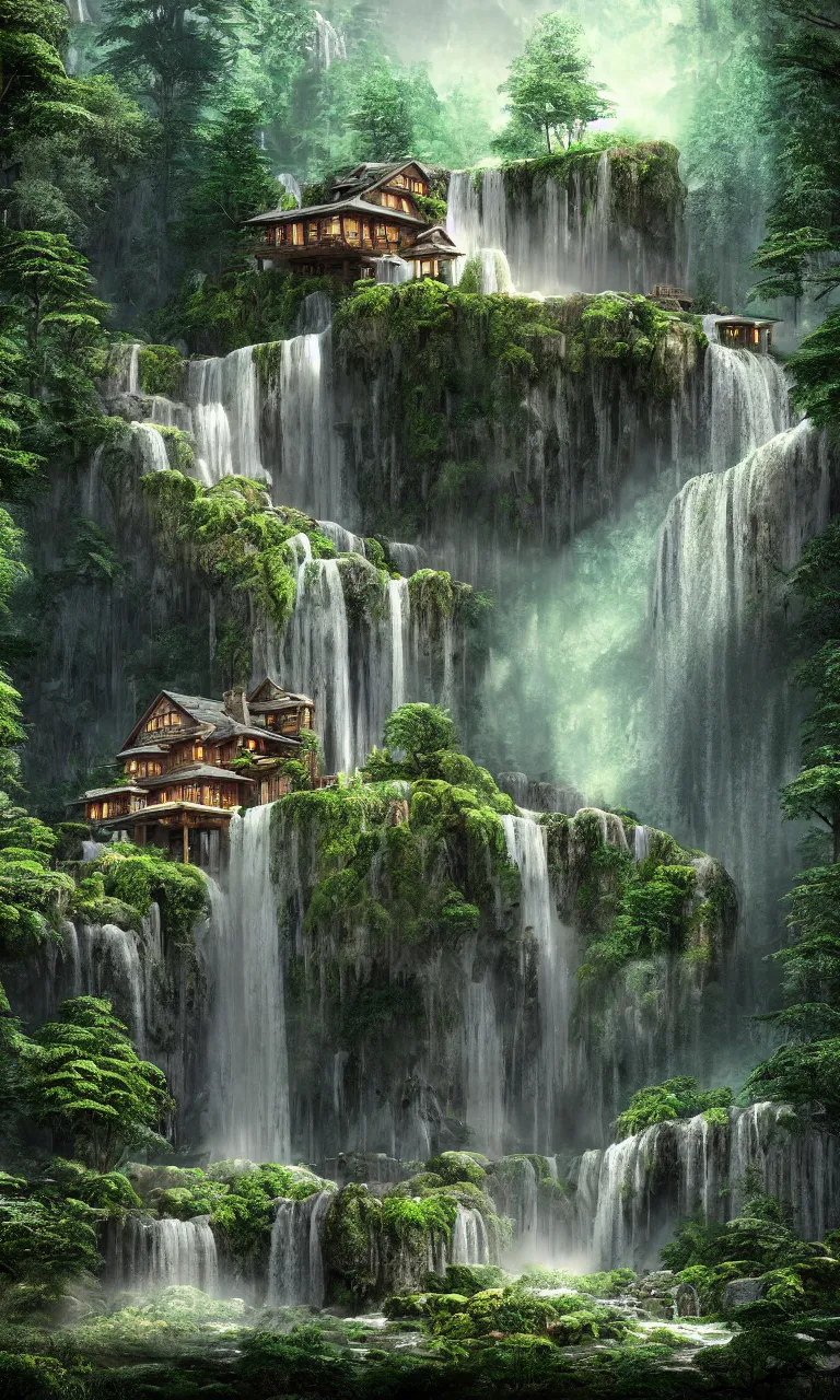 Image similar to beautiful big house in the forest, a big waterfall flows down from the mountain, octane render, fabulous, hyper detailed, random cinematic view, no noise, global illumination, warm lighting, volumetric, godrays, vivid, beautiful, by jordan grimmer