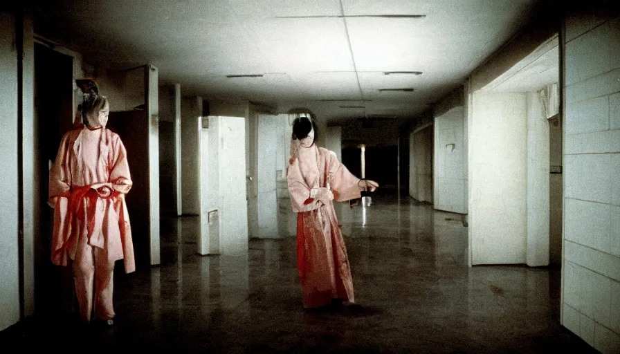 Prompt: 60s movie still of a white japanese female phantom bloody in an empty soviet stalinist style hospital with dark walls, cinestill 800t 35mm technicolor, heavy grain, high quality, higly detailed, liminal space