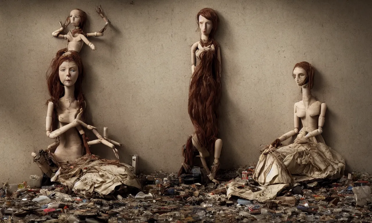 Image similar to a cinematic portrait of a beautiful female jointed wooden doll, holding each other, abandoned, left inside a room in a derelict house, broken toys are scattered around, rubbish, decay, by James C. Christensen, by Tomasz Alen Kopera, by Raphael, by Caravaggio, 8K, rendered in Octane, cinematic, 3D, volumetric lighting, highly detailed, photorealistic, hyperrealism