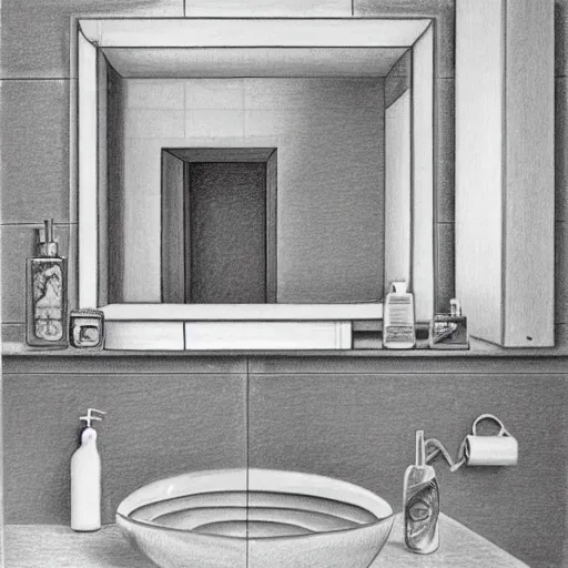 Prompt: ultrarealistic very detailed pencil drawing by Isabel Quintanilla of a white tiled bathroom wall with a small mirror above a white ceramic lavabo, and a glass shelf with a glass with a toothbrush and some shaving equipment in Madrid, 1984