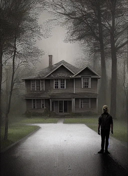 Prompt: jason voorhees standing in front of a house on a rainy day, a digital rendering by gregory crewdson, trending on cgsociety, american scene painting, ominous vibe, matte drawing, atmospheric