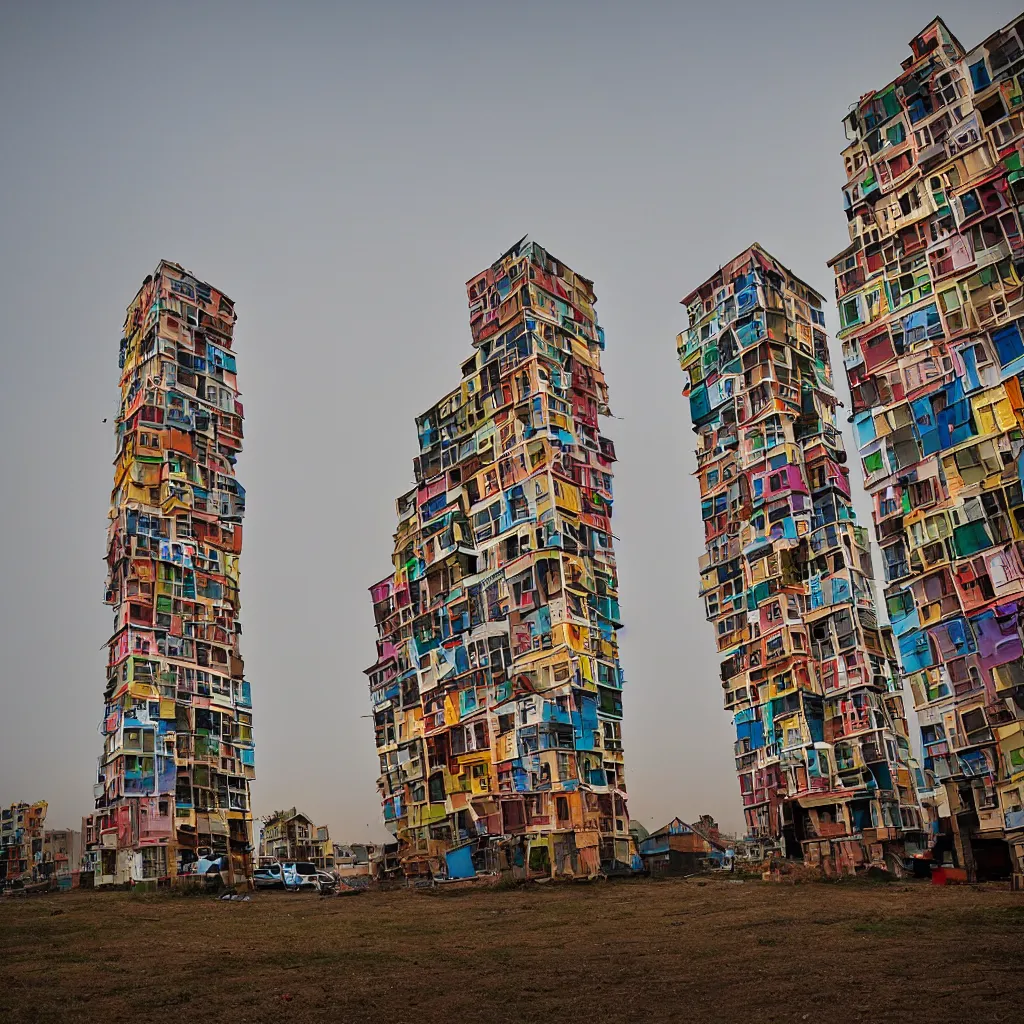 Prompt: two towers, made up of stacked makeshift squatter shacks with colourful facades, plain uniform sky at the back, misty, phase 1, f 1. 8, ultra sharp, very detailed, photographed by julie blackmon
