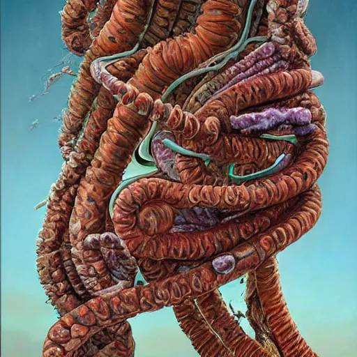 Prompt: mood, apocalyptic airbrush by martin grelle. a painting of the human intestine in all its glory. each section of the intestine is labelled, & various items & creatures can be seen inside, such as bacteria, food particles, & even a little mouse.