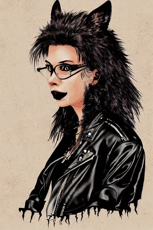 Prompt: portrait of a punk girl in a leather jacket wearing a wolf's head, artwork by boneface