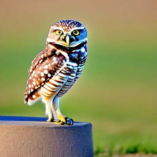 Image similar to the burrowing owl didn't sleep standing or perched, he slept in what could be described as a squat with his short stubby tail supporting him, and his legs splayed out to the sides, burrowing owl doing as described, guardians of gahool