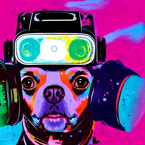 Prompt: illustration of cyberpunk chihuahua in vr helmet, colorful splatters, by andy warhol and by zac retz and by kezie demessance