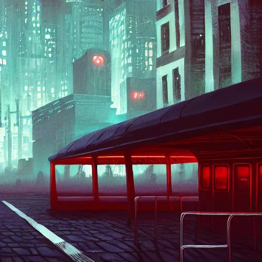 Image similar to dark city bus stop, painting by Dan Mumford and Filip Hodas,ArtStation